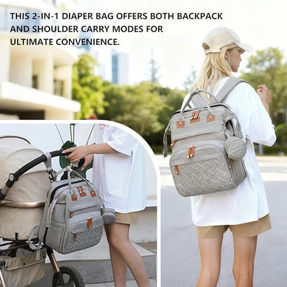 Baby Diaper Bag Backpack with Changing Station, Waterproof Large Capacity Baby Bag with USB Charging Port, Lightweight Travel Backpack Diaper Bag with Portable Crib - Grey