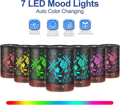 Essential Oil Diffuser- Aromatherapy Diffuser with7 Colors Light and Auto-Off for Women Metal Cool Mist Humidifier for Home and Office for Mom Women(Roses + Dragonflies)