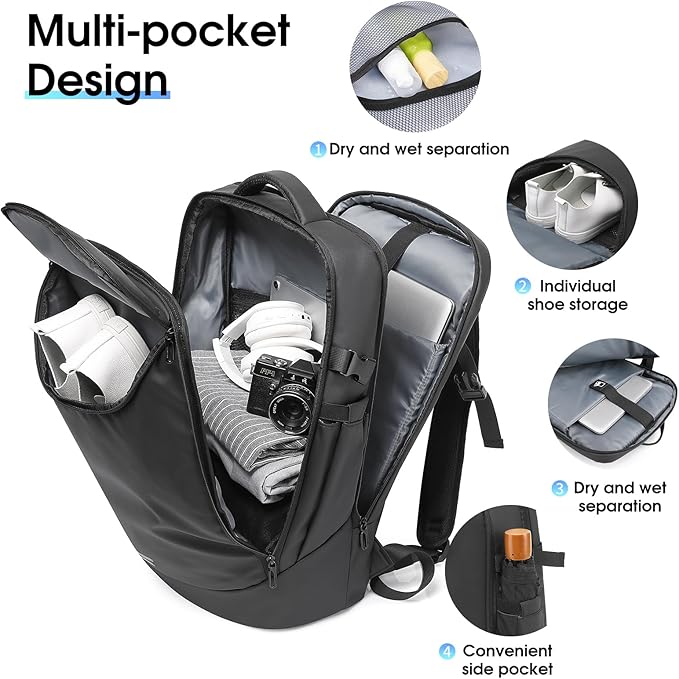 Travel Backpack for Women, Carry on Luggage 30L Flight Approved Water-resistant Lightweight Business Backpack Fits 17.3 Inch Laptop with Shoes Compartment, Black