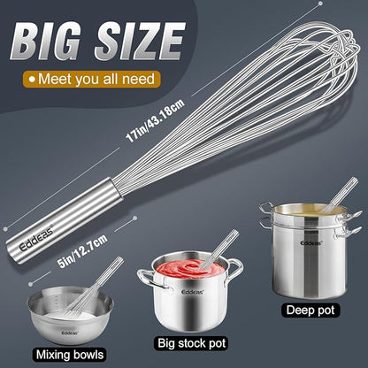 17in Large Whisk,Heavy Duty whisk, Stainless Steel whisk Suitable for Mixing Thick batter, Dry Ingredients and Seasonings.Accessories for professional commercial kitchens.