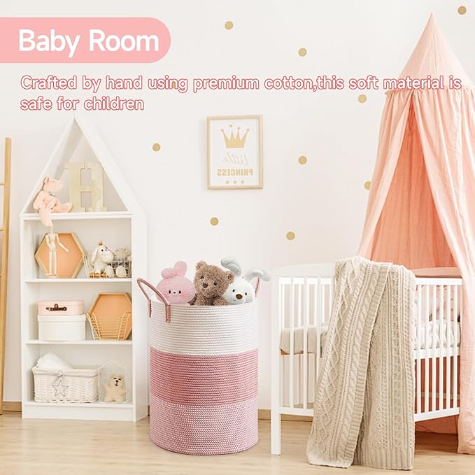 CLHMILY&Z 80L Laundry Basket Round Storage Rope Basket - 16.5x22.5 Inches - Pink Hamper in Bedreoom and Cute Storage Bin for Blankets, Toys, and Nursery Essentials