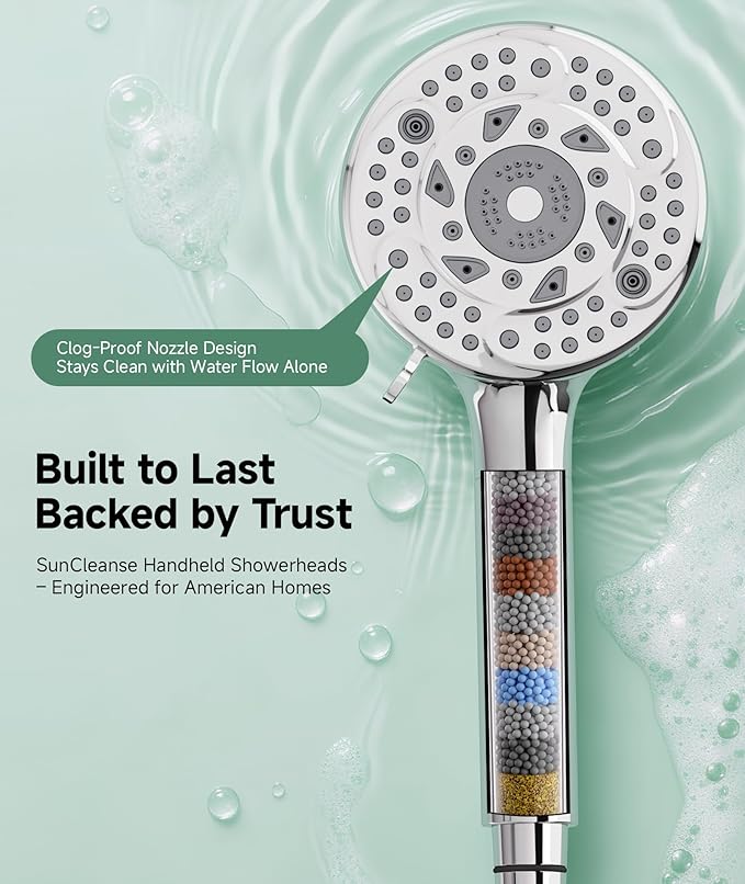 SunCleanse Filtered Shower Head with Handheld,9-Spray Setting High Pressure Detachable Shower Head with 4 Filters for Hard Water - Filter Chlorine, Improve Skin and Hair Texture(4 Filters, Chrome)