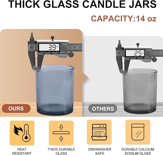 14 OZ Thick Candle Jars for Making Candles 12 Pcs, 3 Wick Empty Jars with Wood Lids for Candle Making, Sample Container,Clear Grey