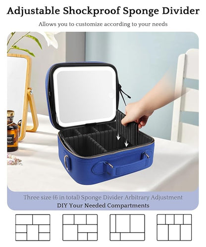 MOMIRA Travel Makeup Bag Cosmetic Bag with Lighted Mirror, Adjustable Brightness in 3 Color Scenarios/Detachable makeup mirror, All-round Upgrade, Waterproof, Gift for Women -Blue