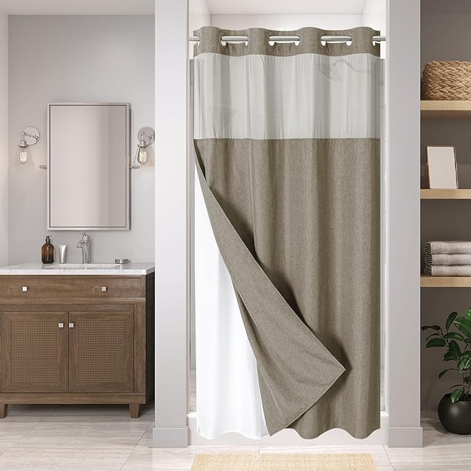 Stall No Hooks Needed Linen Textured Shower Curtain with Snap-in Fabric Liner Set,Hotel Luxury Decor Farmhouse Shower Curtains for Bathroom,Waterproof & Washable,54Wx80H,Khaki/Tan