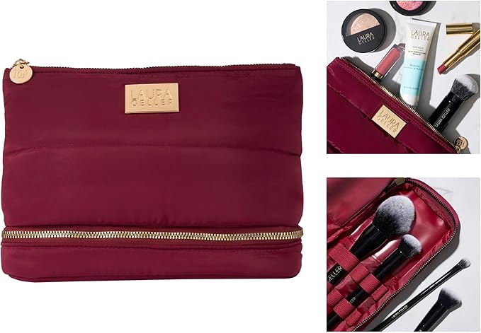 LAURA GELLER NEW YORK Quilted Makeup Bag with Brush Case, Burgundy - Toiletry Bag Organizer for Travel - Large Capacity Full Size Makeup Bag - Easy to Clean
