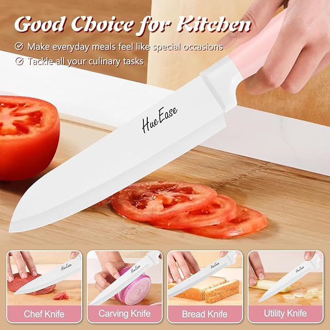 14 Pieces Knife Set with Block, Ceramic White Coating, High Carbon Stainless Steel Sharp Blade Block Knife Set, Dishwasher Safe Cutlery, Colliding Pink