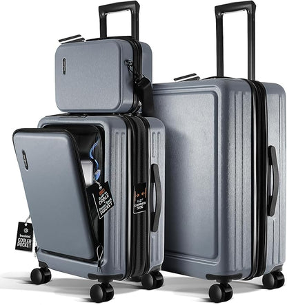Luggage Sets 3 Piece, 22 Inch Carry on Luggage and 24 Inch Suitcases with Wheels Spinner, Durable Hard Shell Suitcase Set, Expandable Travel Suitcase, Grey