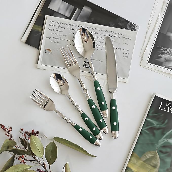 20-Piece Silverware Set, 304 Riveted Stainless Steel Flatware Set, Service for 1, Vintage Cutlery Set with Green Bakelite Handle, Mirror Polished | Rustic | Dishwasher Safee