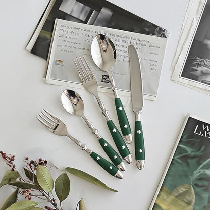 20-Piece Silverware Set, 304 Riveted Stainless Steel Flatware Set, Service for 1, Vintage Cutlery Set with Green Bakelite Handle, Mirror Polished | Rustic | Dishwasher Safee