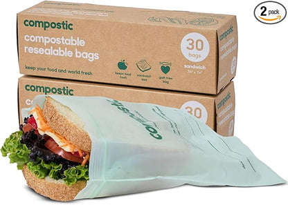 Compostic Home Compostable Resealable Sandwich Bags (7"x7"), Microwave & Freezer Safe, Organic Food Storage Container, 30 Count (Pack of 2)