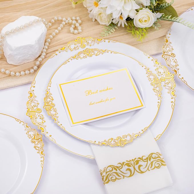 210 Pcs White Gold Plates for Party | White Party Plates Set for 30 Guests