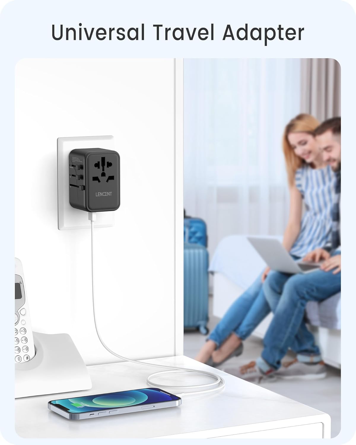 LENCENT Universal Travel Adapter, GaN3 65W International Charger with 2 QC4.0 USB-A+ 2 PD3.0 Type-C PPS Fast Charging, Worldwide European Outlet Adaptor for iPhone,Samsung,Laptops, USA/UK/EU/AUS
