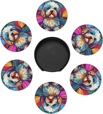Havanese Stained Dog Breed Glass Art Leather Drinks Coasters