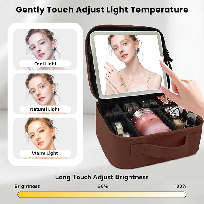 Travel Makeup Bag with LED Mirror and Light Travel Makeup Case Cosmetic Organizer Portable Cosmetic Brush Organizer Bag with Adjustable Dividers for Cosmetics Makeup Brushes Toiletry(Dark Brown)