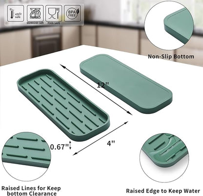 Silicone Kitchen Sink Organizer Tray for Multiple Usage,Eco-Friendly Sponges Holder for Kitchen Bathroom Counter or Sink,Dish Soap Dispenser,Scrubber,Bottle,Cup (Green, 12"×4")