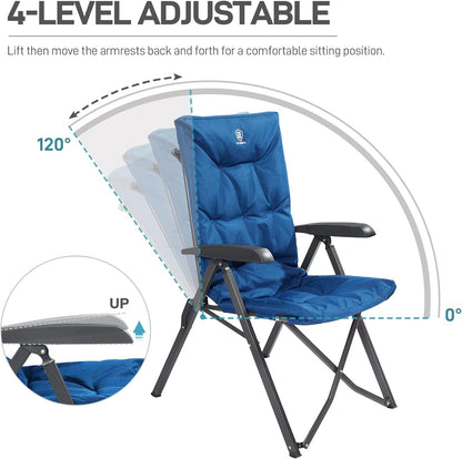 EVER ADVANCED Folding Padded Camping Chair 4 Positon Adjustable Recliner with High Back Support Portable for Adults, 300lbs Weight Capacity, Blue