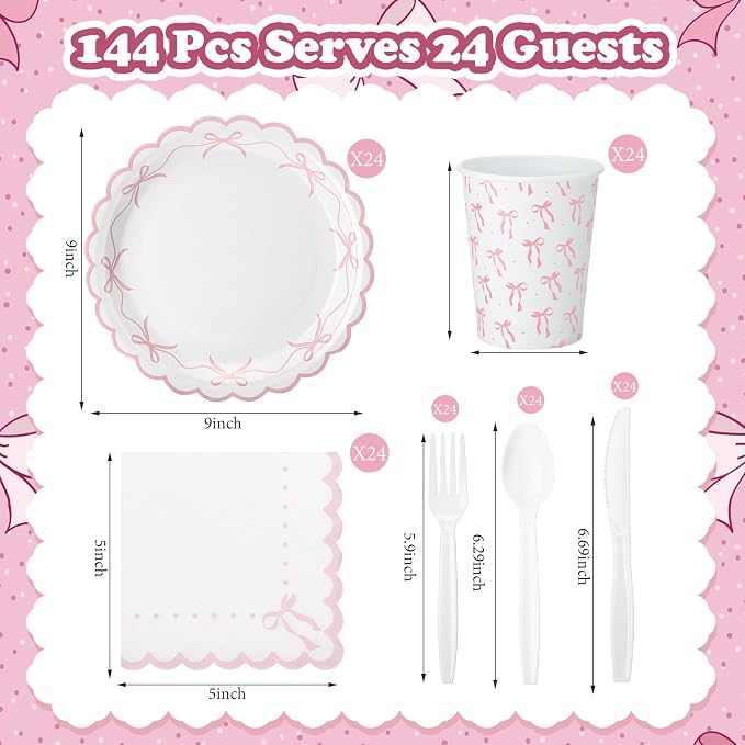 Sieral 144 Pcs Coquette Birthday Party Decor, Scalloped Paper Plates, Napkins