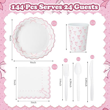 Sieral 144 Pcs Coquette Birthday Party Decor, Scalloped Paper Plates, Napkins