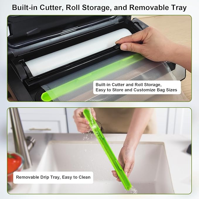 Vacuum Sealer Machine, 95kPa Food Sealer with Double Heat Seal for Dry/Moist Food, Easy-lock Handle, Built-in Bag Storage & Cutter, Progress Display, Removable Drip Tray, Silver