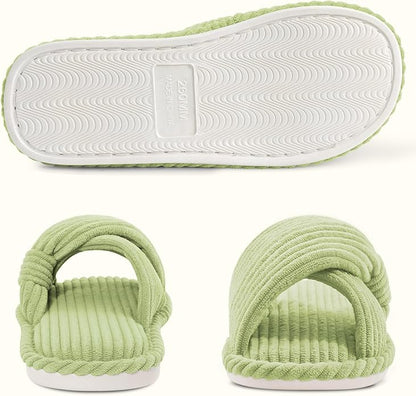 Evshine Summer House Slippers for Women Corduroy Cross Bow Indoor Slippers Open Toe Slip On Bedroom Shoes with Memory Foam