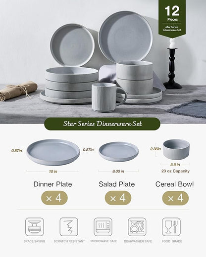 Famiware Star Dinnerware Set, Plates and Bowls Sets for 4 (12pcs), Ribbed Stoneware Dishes - Chip & Scratch Resistant, Microwave & Dishwasher Safe, Matte Gray