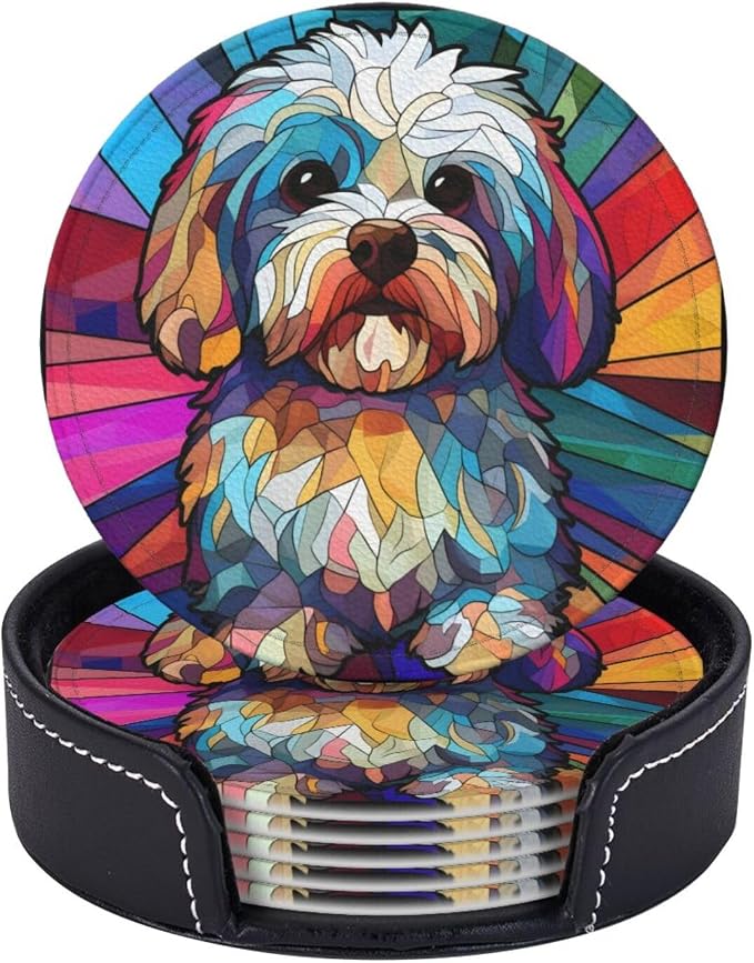 Havanese Stained Dog Breed Glass Art Leather Drinks Coasters