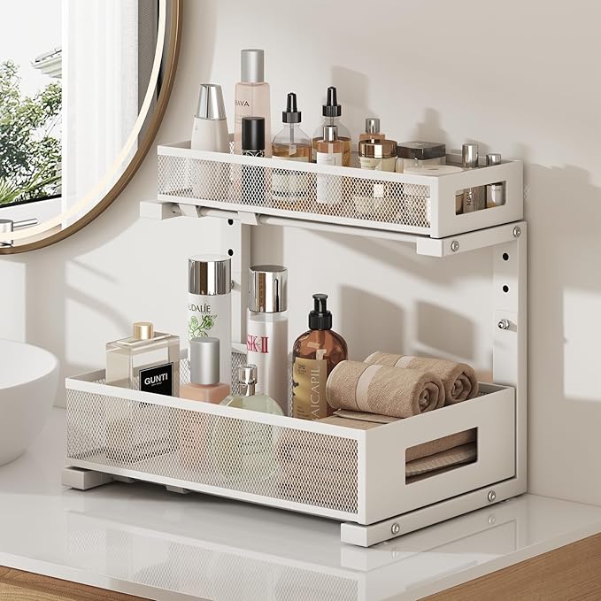 1 Pack-11.4"-16.14"H Under Sink Storage Organizer, Large 2-Tier Elegant Mesh Pull Out Shelf for Kitchen and Bathroom Cabinet Organization, L-Shaped and Adjustable Height Design for Maximum Space-White