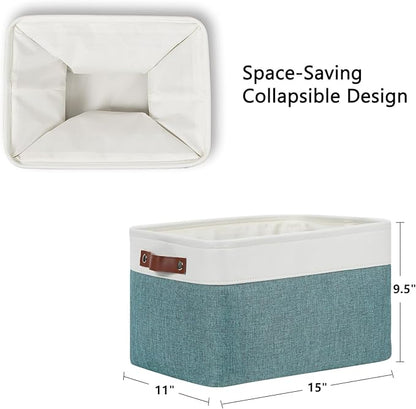 DULLEMELO Storage Baskets for Organizing,Rectangular Fabric Storage Bins with Handles for Office,Bedroom(3-Pack -15 inch X 11 inch X 9.5 inch, White&Dark Green)