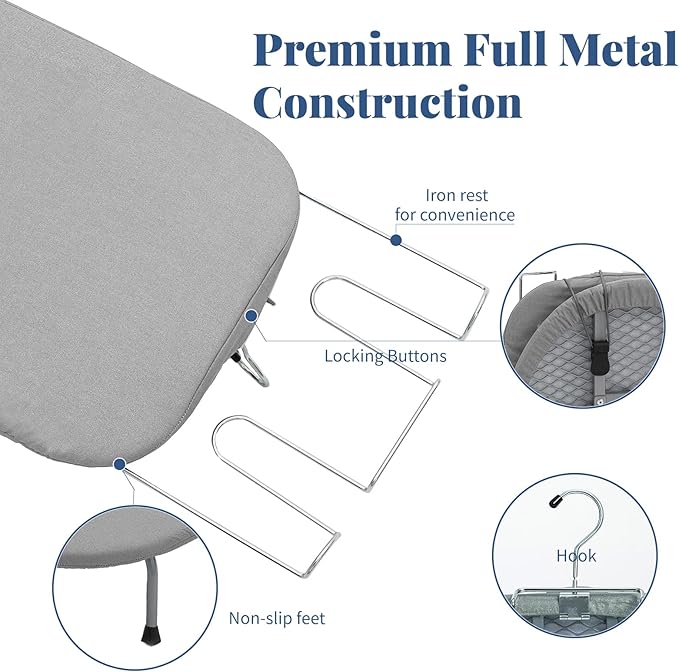 Small Ironing Board with Iron Holder, RAINHOL Countertop Mini Ironing Board Tabletop with Non-Slip Feet, Travel Foldable Iron Table for Small Space, Grey