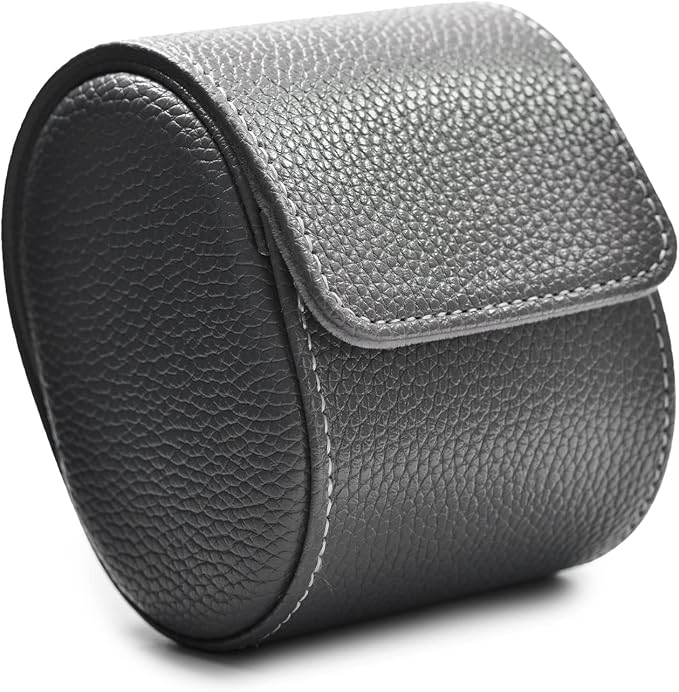 Oirlv Luxury Leather Travel Watch Case - Single Watch Box for Women - Portable Jewelry Storage Roll Organizer (Grey)