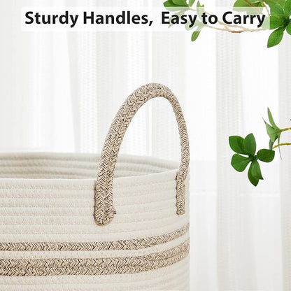 Large Laundry Hamper, Tall Woven Storage Basket for Blankets, Cotton Baby Nursery Hamper, Toys and Dirty Clothes in Bedroom and Living Room Organizing - 58L Brown & White