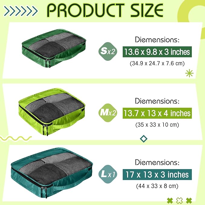 5 Pcs Packing Cubes for Suitcase Large Travel Cubes Carry on Luggage Organizer Bags for Clothes Accessories(Mixed,Green)