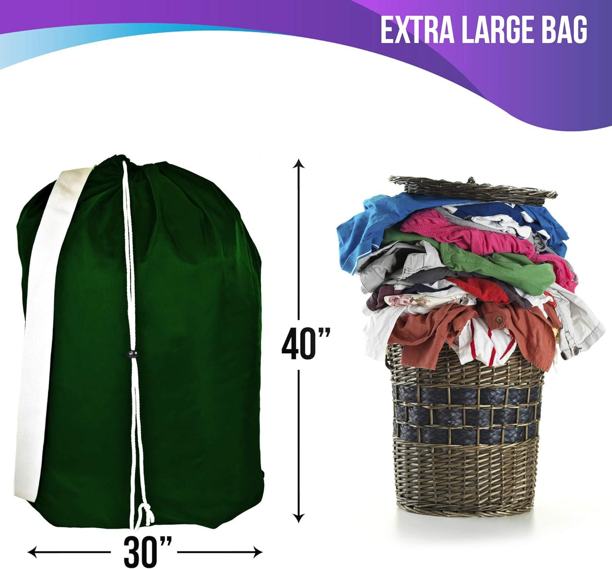 American Laundry Bags | Backpack with Shoulder Strap 2 piece set | Heavy Duty Clothes Holder | Travel Hamper for College Dorm | Portable Wash Bag | Green color | 30" x 40" size | Made in the USA