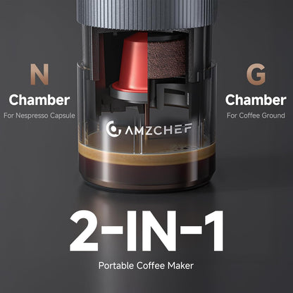 AMZCHEF Portable Espresso Machine w/ 9000mAh Battery & USB-C, 2-in-1 Travel Coffee Maker for Ground/NS Capsules, Car Coffee Machine Self-Heating for Camping, RV, Hiking, Office, Aluminum