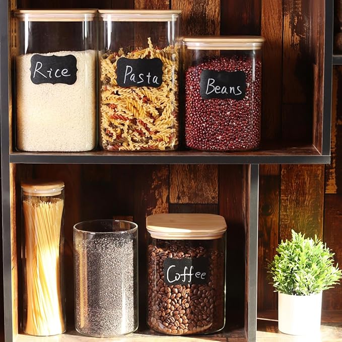 Large Glass Flour and Sugar Containers, Set of 2-120 oz Glass Food Storage Containers with Airtight Lids, Square Jars with Bamboo Lids for Rice, Pasta, Cookies, Sugar