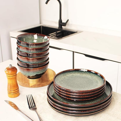 Dinner Set 12 Pieces - Round Reactive Glaze Tableware - Kitchen Dinnerware Porcelain Crockery with Dinner Plate, Bowl and Soup Plate Service for 4, Microwave Dishwasher Safe, Set (No.1)