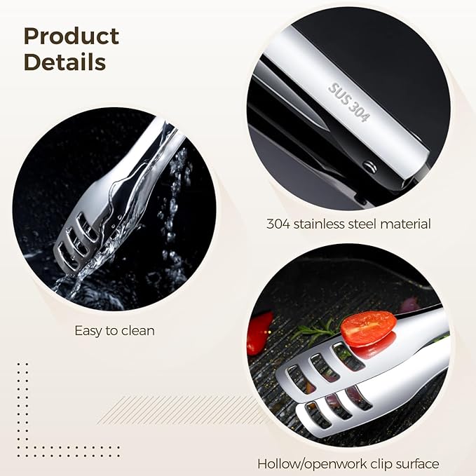 4 Pcs Stainless Steel Tongs for Cooking, Kitchen Food Serving, Buffet Party, 10.6 in/27 cm Locking Utensils with Hollow Head, Food-safe Material