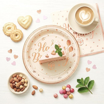NatNarr 50 Pcs Happy Birthday Plates and Napkins Set, 7 Inch Pin Rose Gold
