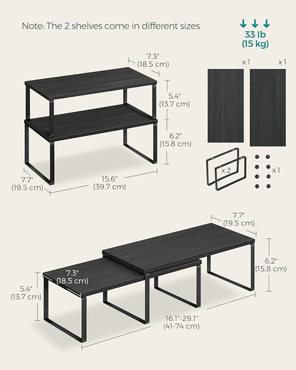 SONGMICS Cabinet Organizer Shelf, Set of 4 Kitchen Counter Shelves, Kitchen Storage, Spice Rack, Stackable, Expandable, Metal and Engineered Wood, Ink Black and Ebony Black UKCS028B01