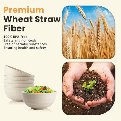 Homienly Unbreakable Large Salad Bowls Set of 6, 60oz Large Wheat Straw Bowls for Cereal, Salad & Pho, Ideal for RV & Camping, Microwave Safe Alternative to Plastic Bowls - Beige