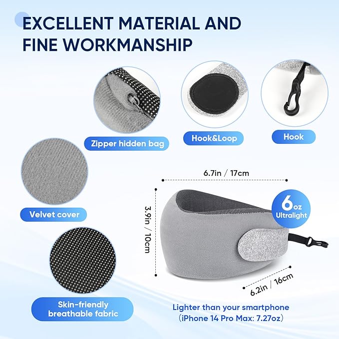 Compact Travel Pillow with Adjustable Straps & Washable Cover, Portable Neck Pillow Airplane with Case & Hook, Chin Support Pillow Relieves Pain & Pressure for Trips, Office, Car & Home Use