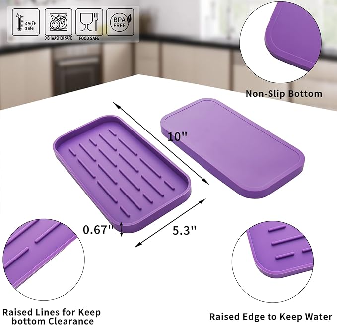 Silicone Kitchen Sink Organizer Tray for Multiple Usage,Eco-Friendly Sponges Holder for Kitchen Bathroom Counter or Sink,Dish Soap Dispenser,Scrubber,Bottle,Cup (Purple, 10"×5.3")