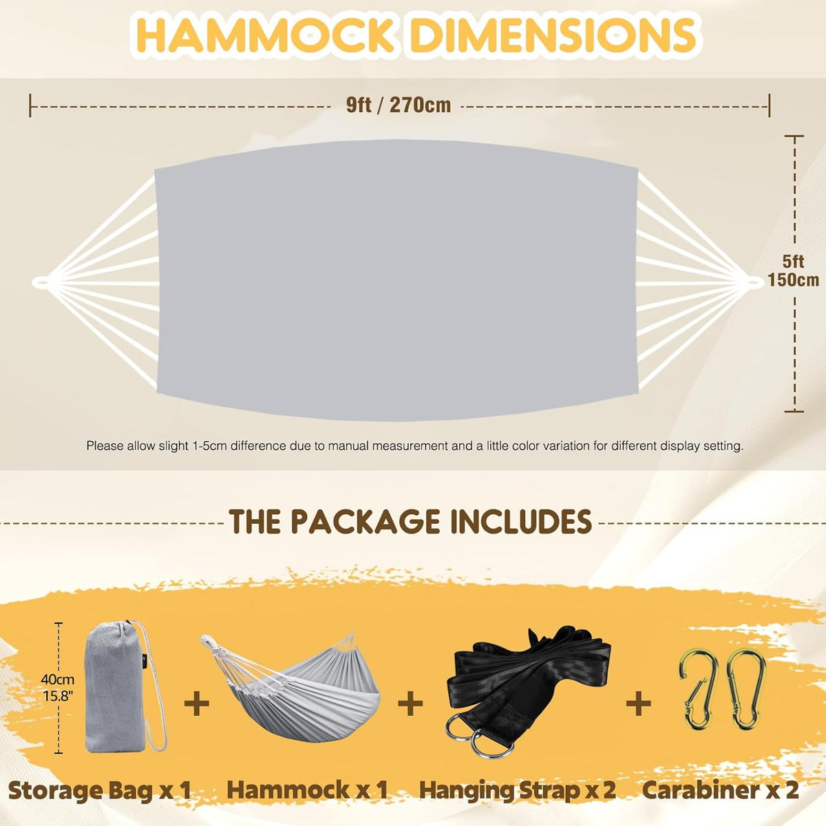 ANYOO Cotton Hammock Portable Camping Hammocks for Hanging Sturdy Garden Comfortable Fabric Hammock with Tree Straps Up to 660lbs with Travel Bag for Camping Outdoor/Indoor Patio Backyard