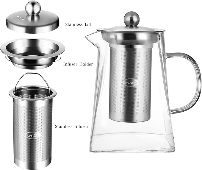 CNGLASS Glass Teapot with Infuser,31oz Clear Glass Tea Kettle with Removable Stainless Steel Strainer,Stovetop Safe Glass Teapot for Blooming and Loose Leaf Tea…