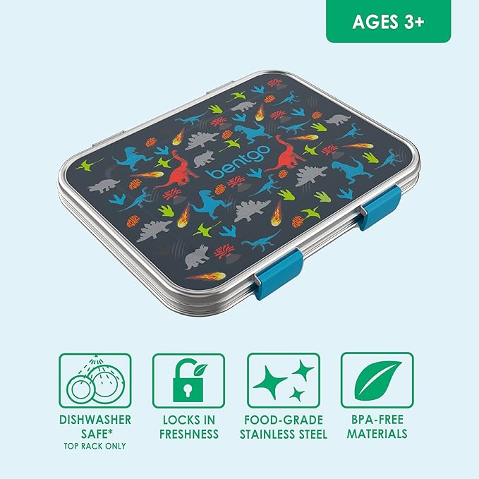 Bentgo Kids Stainless Steel Prints Leak-Resistant Lunch Box - 3-Compartments with Bonus Silicone Container, Durable, Eco-Friendly, Dishwasher Safe, BPA-Free, Ideal for School, Ages 3+ (Dinosaur)