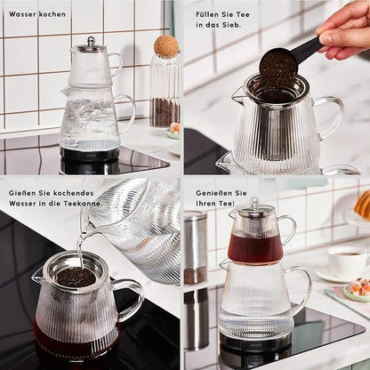 Karaca Keops Turkish Teapot with Infuser and Lid (450 ml Tea Pot & 1500 ml Induction Kettle) - Borosilicate Glass Teapot Set for Stovetops - Clear Tea Maker with 10-15 Cups Capacity
