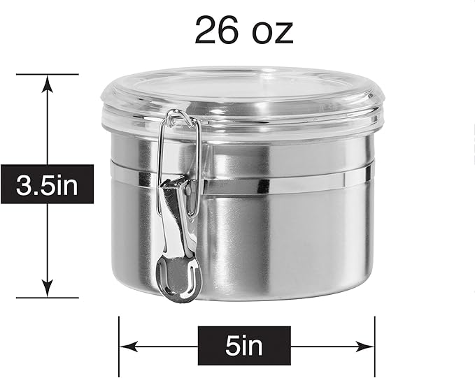 OGGI Stainless Steel Kitchen Canister 26 fl oz - Airtight Clamp Lid, Clear See-Thru Top - Ideal for Kitchen Storage, Food Storage, Pantry Storage. Size 5" x 3.5".