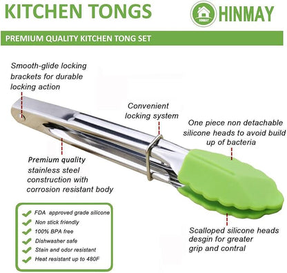 Mini Tongs with Silicone Tips 7 Inches Silicone Cooking Tongs, Set of 3 (Green)