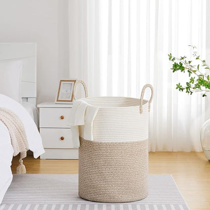VIPOSCO Large Laundry Hamper, Tall Woven Rope Storage Basket for Blanket, Toys, Dirty Clothes in Living Room, Bathroom, Bedroom - 100L White & Brown